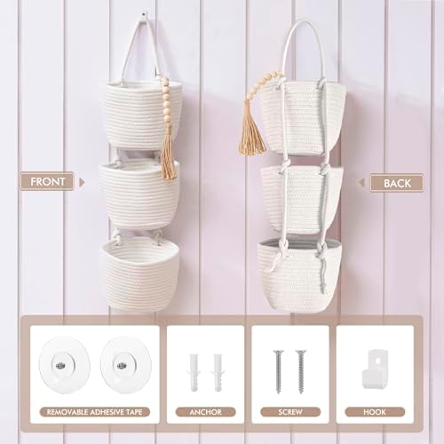 LIGHT DUST Wall Hanging Rope Baskets 3-Tier Boho Organizers (White & White)