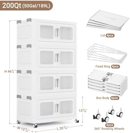 BROVIEW 200 Qt Extra Large Stackable Storage Bin with Lids, 4 Pack White