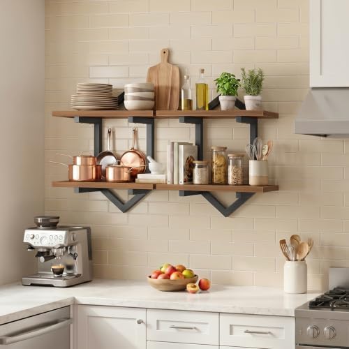 HOOBRO Floating Shelves for Wall, Set of 2 Wall Shelf, 15" Hanging Shelves | 2-Tier Wall Mounted Storage Shelves, for Living Room Bedroom Kitchen Office Study Bathroom Wall Decor, Walnut and Black