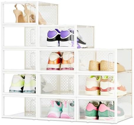 Amazon Basics Stackable and Foldable Clear Shoe Storage Organizer Box, Small, 12-Pack