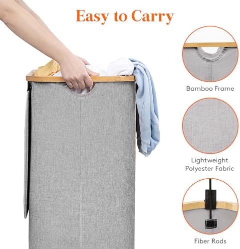Lifewit 105L Laundry Basket with Lid, Clothes Hampers for Laundry with Bamboo Handles and 1 Removable Bag, Large Foldable Laundry Hamper for Bedroom, Bathroom, Dorm, Laundry Room, Light Gray