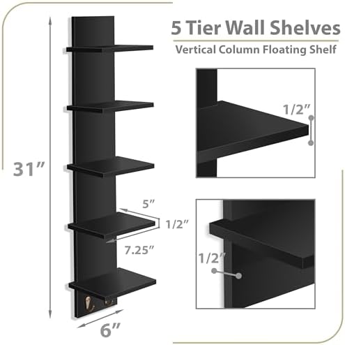 Sorbus 5-Tier Floating Wall Shelf with Hooks, 31 Inch (1 Pack, Black) | Vertical five-level utility organization for kitchens, bedrooms and bathrooms; holds towels and mounted essentials.