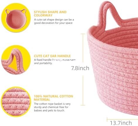 Large Cat Ears Toy Organizer, Woven Cotton Rope Basket, Decorative Nursery Bins & Boxes Gift Basket Empty for Baby Pet Toy Storage