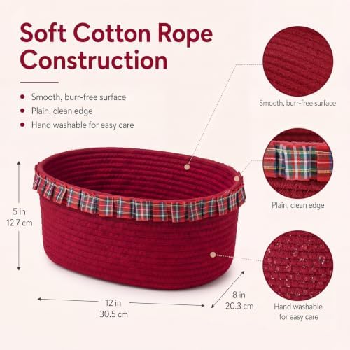 RattanView Cotton Rope Gift Basket with Red Gingham Ruffle Trim Handles