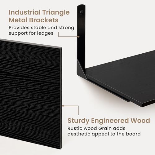 Fun Memories Floating Shelves for Wall, 12 Inch Deep Floating Shelves Set of 2, Wall Mounted Shelf with Metal Brackets, Rustic Wood Wide Shelf for Bathroom, Kitchen and Living Room, Black, 32W x 12D