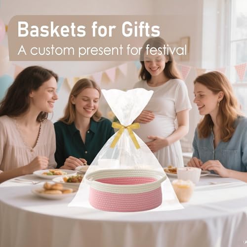 JMvicyroam Small Woven Basket, Empty Gift Basket, White&Pink/3 Pack