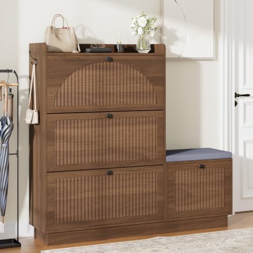 Shoe Storage Cabinet with 4 Flip Drawers,Shoe Bench (Walnut)