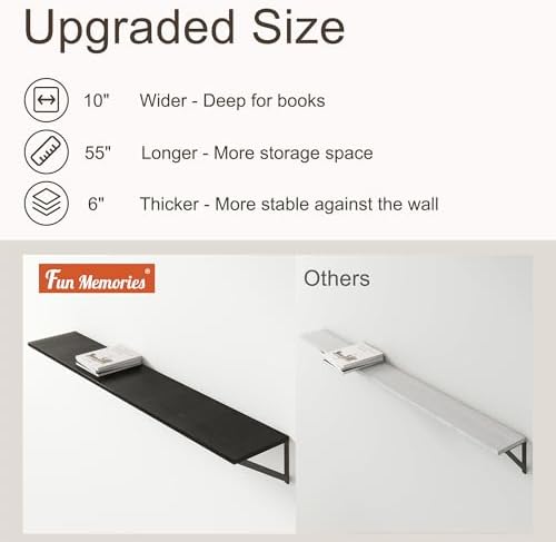 Floating Shelves 55 Inch Long, 10" Deep Floating Shelves, Black Wall Shelves 55 x 10, Set of 2, Wide Large Display Storage Shelves for Bathroom, Living Room, Rustic Wood Shelves with Brackets