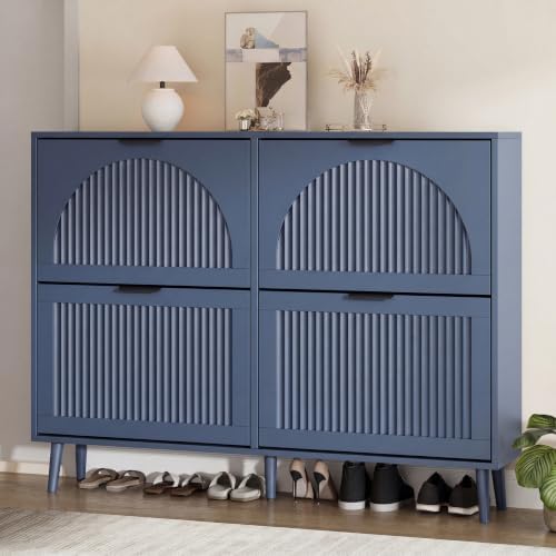 Shoe Storage Cabinet with 4 Flip Drawers, Narrow Wood Shoe Organizer Cabinet with Fluted Panel, Slim Shoe Rack for Entryway, Freestanding Shoe Cabinet for Living Room, Hallway, Blue