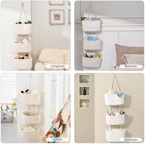 ICERZCZ Hanging Baskets for Organizing, Over the Door Decorative Storage Organizer, Nursery Decor Organization, 3-Tier Wall Basket for Entryway Playroom Bathroom Closet, Off White