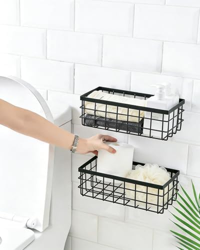 2 Pack Black Adhesive Metal Wire Wall Storage Baskets for Kitchen Bathroom
