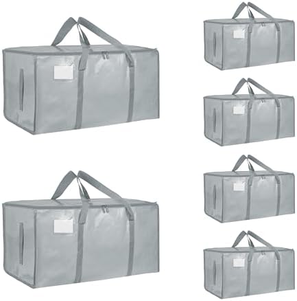 6 Pack-Extra Large Heavy Duty Moving Bags - Waterproof Storage Totes with Handles & Zippers, Foldable for College Dorm, Storage (light gray)
