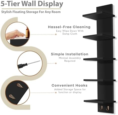 Sorbus 5-Tier Floating Wall Shelf with Hooks, 31 Inch (2 Pack, Black) | Vertical five-level utility organization for kitchens, bedrooms and bathrooms; holds towels and mounted essentials.