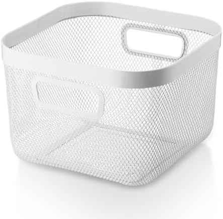 MorningRo 1 Pack Metal Mesh Basket with Hollow Handles White Wire Storage Bin for Organizing Stackable Metal Fine Mesh Basket for Pantry Bathroom Kitchen Cabinets Shelves (Medium)