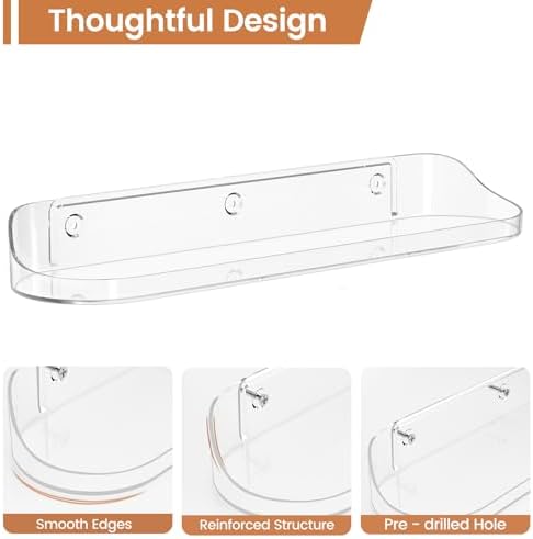 SpaceWhisper Arcylic Floating Shelves for Wall, 2-Pack, Clear | Display Hanging arcylic Shelf Organizer for Book, Picture Ledge, Room Decor, Wall Shelves for Bathroom, Bedroom, Living Room