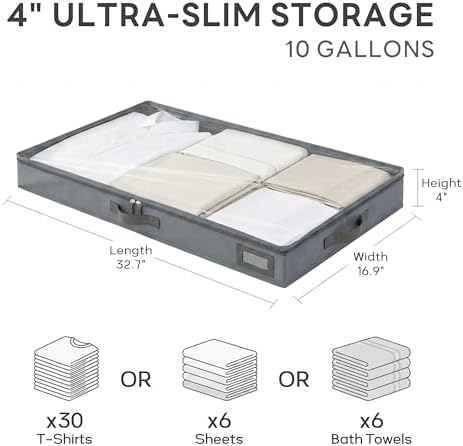 4" Low Profile Under Bed Storage Bins (2-Pack, Charcoal Grey), Slim 600D Oxford Organizer Containers with Matching Vegan Leather Handles & Clear Window, for Shoes, Clothing & Under-Sofa Storage