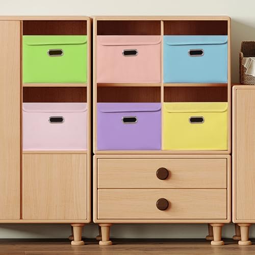STOREONE Fabric Storage Cube Bins Foldable Organizer Container Collapsible Basket with Lids and Metal Handles, for Home, Bedroom, Closet 6 Pcs (multicolour-blue)