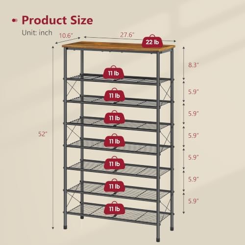 Tajsoon 8 Tier Shoe Rack for 28-32 Pairs of Shoes, Rustic Brown & Black