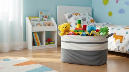 Large laundry basket woven from natural cotton rope with handles for storage clothes big decorative quilted baskets for blankets toys pillows hampers 22"x14.6"x12" Grey