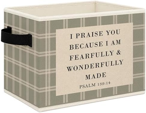 Christian Nursery Foldable Storage Bins Box with Handles, Fearfully and Wonderfully Made Bible Verse Collapsible Toys Books Clothes Organizer Basket for Kids Boys Girls Bedroom Bathroom