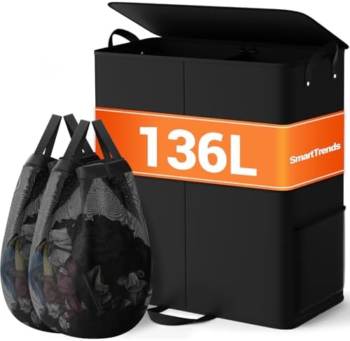 136L 2 Section Laundry Hamper with Lid, Laundry Basket, Black