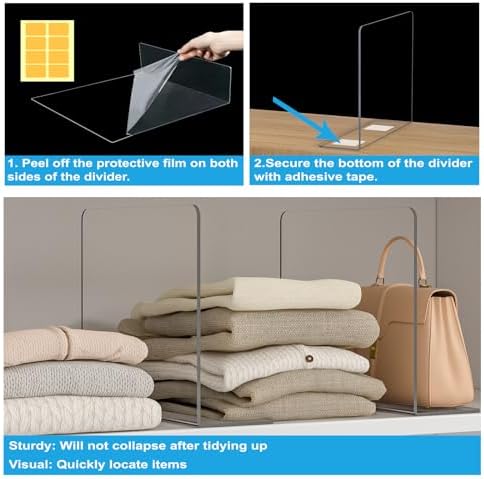 OKPOW Shelf Dividers Closet Organizer - 12" Tall X 9" Deep Acrylic Clear Sturdy Separate for Clothes Purse - Adjustable Space Saver Easy Install for Home Organization Enthusiasts 4 Pack