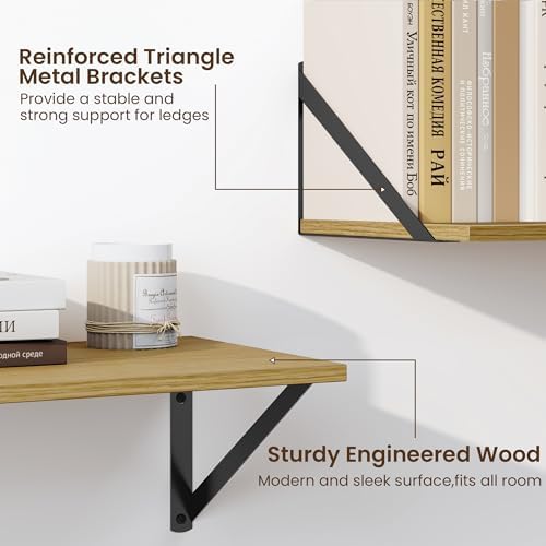 Fun Memories Deep Floating Shelves for Wall, 24W x 8D Wall Mounted Shelves Set of 2, Wide Display Ledge Shelf with Sturdy Metal Brackets for Living Room, Bathroom, Bedroom and Kitchen, Oak