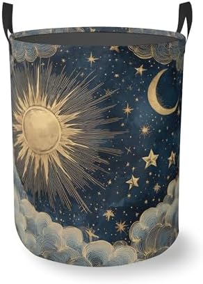 Boho Sun Moon Round Laundry Basket Collapsible Laundry Hamper with Handles Toys Clothes Organizer Bin For Home Bathroom Bedroom Dorm Nursery