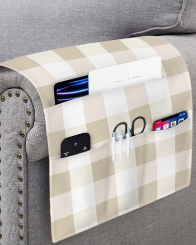 Sofa Armrest Organizer Bedside Caddy Yellow Buffalo Plaid Armchair Couch Caddy with Pocket Remote Control Holder Classic Checked Arm Chair Caddy for Recliner Glasses Phone Tablets Magazine 13"x35"