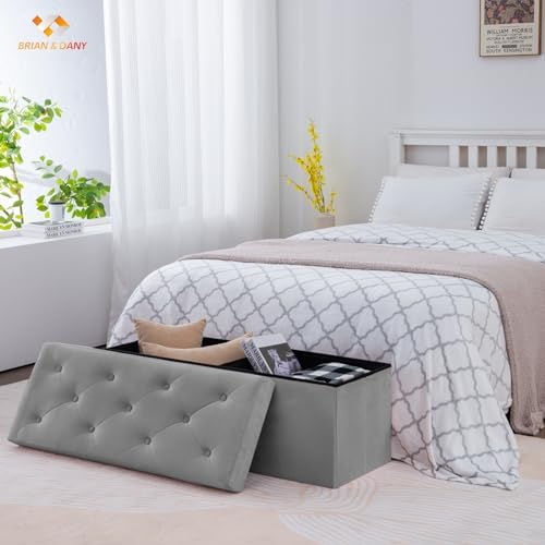 BRIAN & DANY 43 Inches Folding Storage Ottoman Bench, Velvet Ottoman with Storage for Living Room, Bedroom, Entryway, Ottoman Foot Rest, End of Bed Bench (Gray)