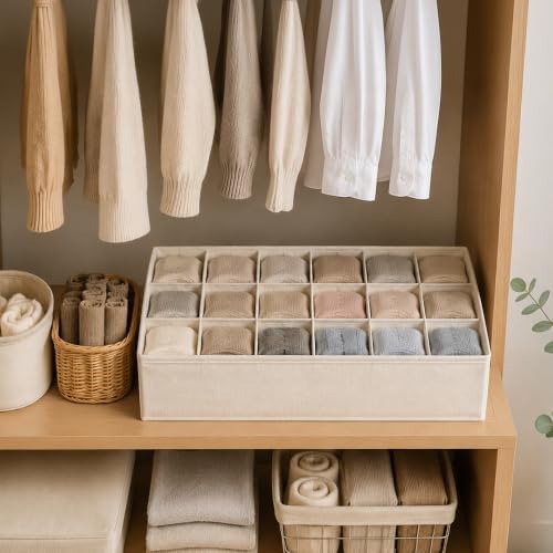 Linen Sock Drawer Organizer, 54 Cells Underwear Storage, 3Pack