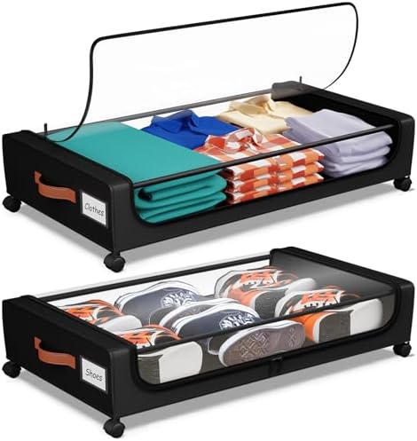 Under Bed Storage with Wheels, UnderBed Storage Containers with Clear Lid and Handles, XXL 60L Under the Bed Storage Bins Drawers for Clothes,Blankets,Shoes,Books (BLACK, 2 PACK)