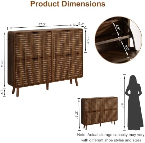 3imothrix Fluted Shoe Storage Cabinet with 4 Flip Drawers, Walnut
