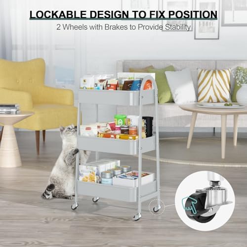 EAGMAK 3 Tier Utility Rolling Cart, Metal Storage Cart with Handle and Lockable Wheels, Multifunctional Storage Organizer Trolley with Mesh Baskets for Kitchen, Living Room, Office, Garage (Grey)