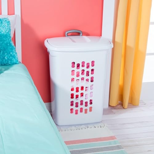 Sterilite Ultra Wheeled Hamper, Laundry Basket w/Flip-Top Lid, 18-Pack | Plastic Rolling Clothes Storage Cart with Retractable Handle & Ventilated Holes for Home, Apartment or Dorm