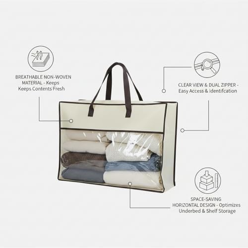 Underbed Storage Bag with Zipper, Beige Non-Woven Fabric Organizer for Clothes, Bedding, and Sweaters, 15.7 x 11.8 x 3.9 Inch Container (1 Pack)