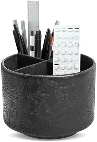 Round Leather Art Supply Organizer,Remote Control Holder,360 Degree Spinning,Multi-Functional Pencil Holder,4 Compartments Desktop Stationary Organizer(1-Carved Black)