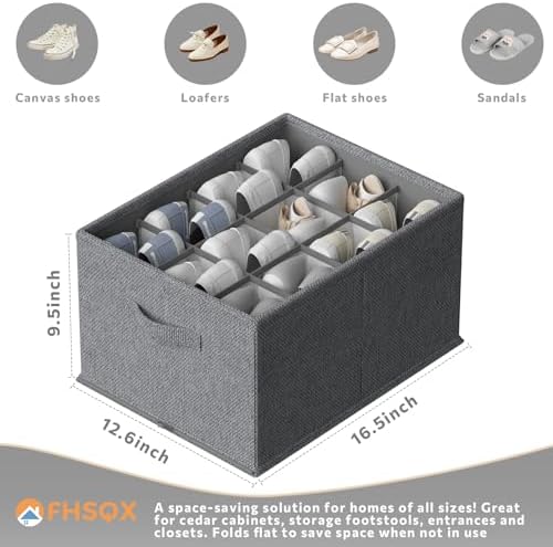 FHSQX 4 Pack Shoe Organizer for Closet,Foldable Shoe Organizer,Fits up to 48 Pairs,Storage Containers With Bottom Support for Shoes (Dark Grey, (16.5 * 12.6 * 9.5) x4)