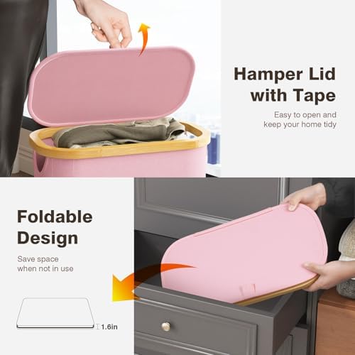 Bathola Slim Laundry Hamper with Lid, 75L Small Laundry Basket, Pink