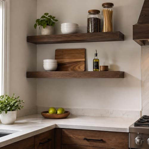 Floating Shelves 3 inch Thick for Wall Set of 2,Solid Pine Wood Wall Mount Shelf for Kitchen Living Room Bedroom Bathroom,8" D x 36" L x 3" H-Black Walnut