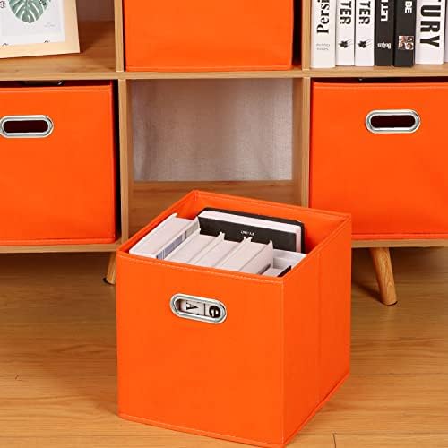 Fabric Cloth Storage Bins,Fabric Cube Bins Organizer with Dual Handles Foldable Cube Storage Baskets for Home Bedroom Storage,Set of 3,(Orange)