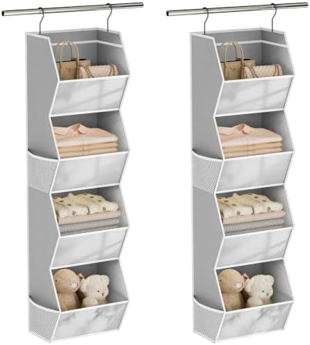 Wawocs 4 Shelf Hanging Closet Organizers and Storage for Kids 2 Packs, Grey | Hanging Shelves for Closet Organization, Hanging Closet Storage for Wardrobe Organizer, Closet Hanging Organizer for Bedroom