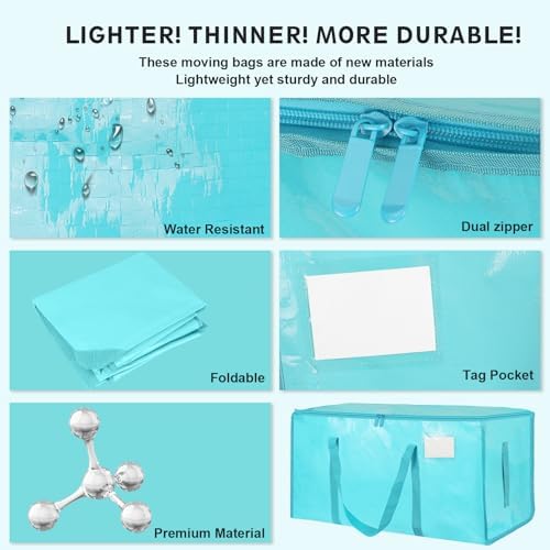 12 Pack-Extra Large Heavy Duty Moving Bags - Waterproof Storage Totes with Handles & Zippers, Foldable for College Dorm, Storage (lake blue)