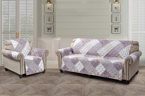 Brilliant Sunshine Lilac & Beige Roses Patchwork Couch Cover, 78" seat