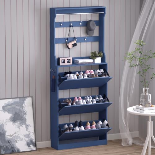 BORNOON Shoe Cabinet with 3 Flip Drawers & Coat Rack, Narrow Hidden Shoe Storage Cabinet, 2-in-1 Hall Tree Slim Freestanding Shoe Rack Organizer for Entryway, Hallway, and Living Room