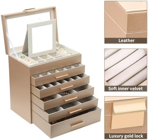 BOOVO Jewelry Boxes for Women, White and Black 6 Layer Large Jewelry Box for Necklace, Bracelet, Earrings, Rings Storage, Jewelry holder Organizer for Girls Gift (Gold, 6 layer)