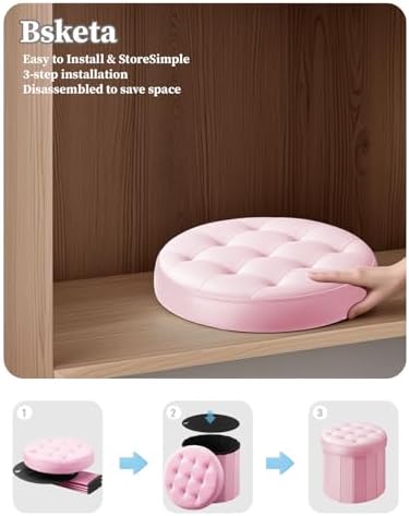 Bsketa Round Storage Ottoman, 14" Folding Velvet Foot Stool Rest,Pink | Foot Stool with Thicker Foam Padded Seat Small Velvet,Livingroom, Dorm, Bedroom, Easy to install,14 x 14 x 13in