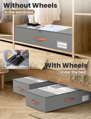 TOSKING 2-Pack Under Bed Storage Drawers with Wheels, 6 Vacuum Bags, 7.9" Height, Large 65L/80 lbs Clear Lid Rolling Bin, 900D Oxford, Space Saver for Dorm Bedroom, Blankets, Clothes, Shoes, Gray