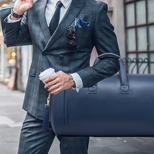 Leather Garment Bag，Convertible Garment Duffel Bag for Travel Mens Suit Bag 2 in 1 Waterproof Foldable Carry on Garment bag with Shoulder Strap Weekender Bag with Shoe Pouch