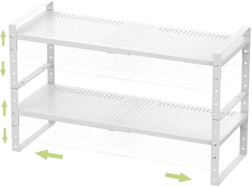 Jojocross Expandable Stackable Aadjustable Shoe Rack Pantry Shelf for Kitchen Cabinets Counter Shelves Countertop Cupboard Storage Solution,Sturdy Heavy-Duty Metal Construction(2Packs/White/Medium)